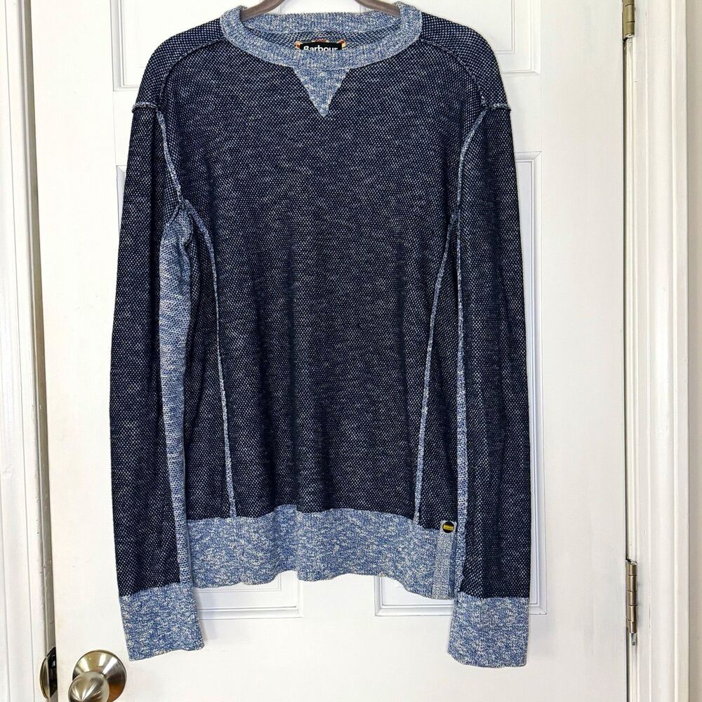 Barbour International Men’s L Cotton Sweater Navy Blue Reverse Seam Moto Knit